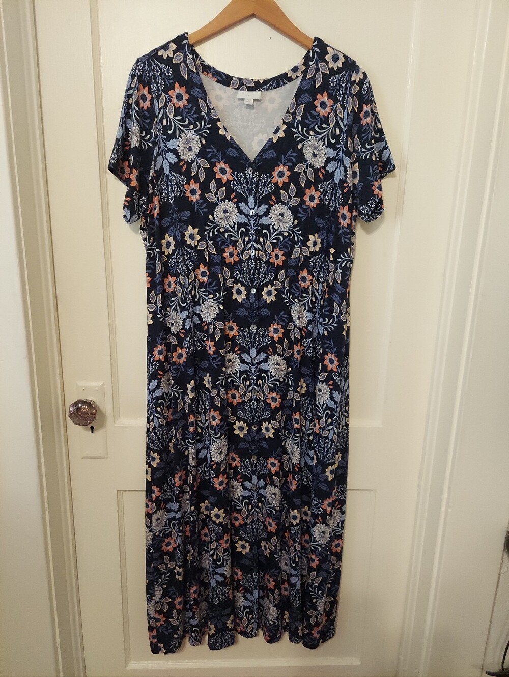 J. JILL Midi Dress Women 1X Plus Tropical Navy Floral Garden Button Pin Tuck